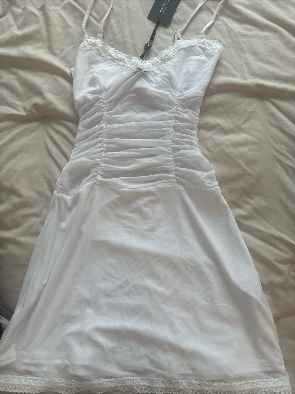 White Fox Boutique White Ruched Slip Dress with Lace Trim